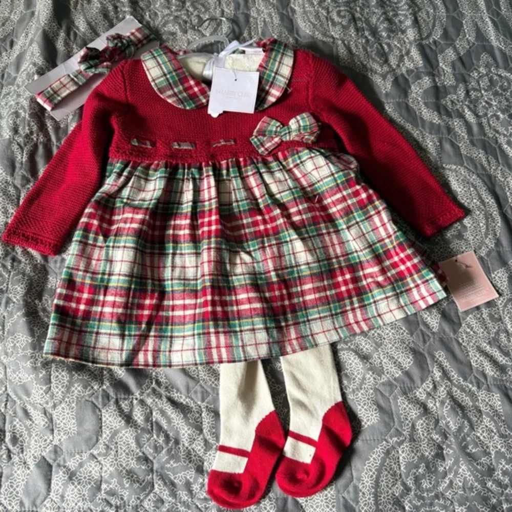 Shabby Chic Infant Holiday Red Plaid Dress with Bow and Tights. NWT 6-9 M